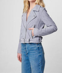 BLANKNYC Suede Moto Jacket in cloud grey - women's jacket - detail view