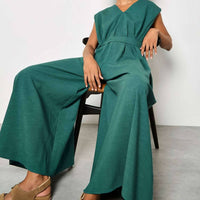 Apricot - Wide Leg V-neck Belted Jumpsuit