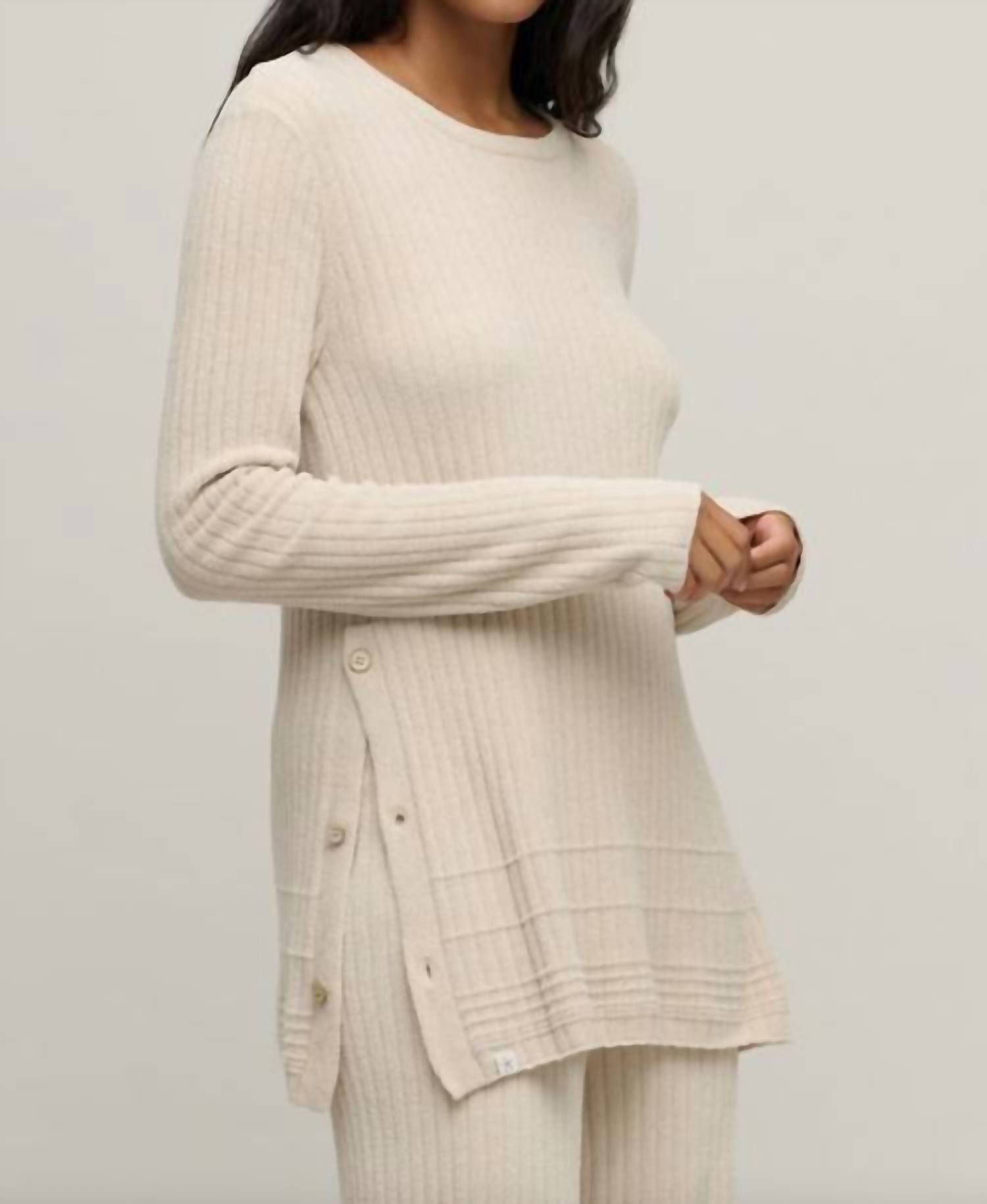 BAREFOOT DREAMS Textured Rib Pullover Side Button Top in stone - women's long sleeve top