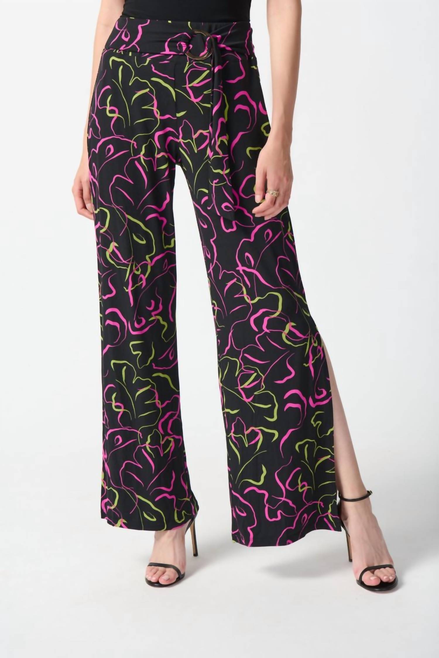 Joseph Ribkoff - Abstract Print Side Slit Pull On Wide Leg Pants