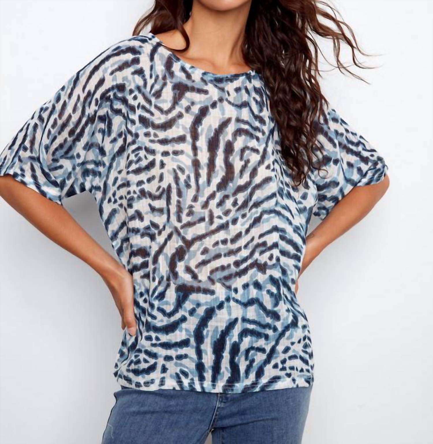 CHARLIE B Printed Dolman Cotton Blend Blouse in zebra - women's blouse - detail view