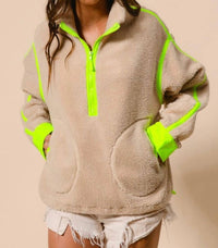 Bibi - Contrast Edge Half Zip Up Sherpa Jacket With Pockets