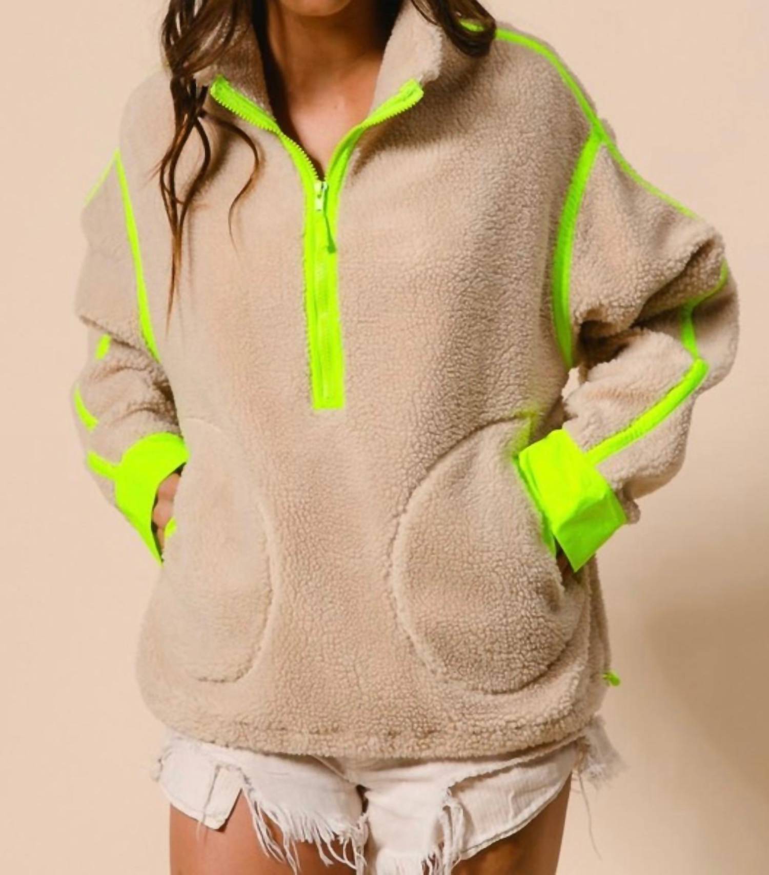 Bibi - Contrast Edge Half Zip Up Sherpa Jacket With Pockets