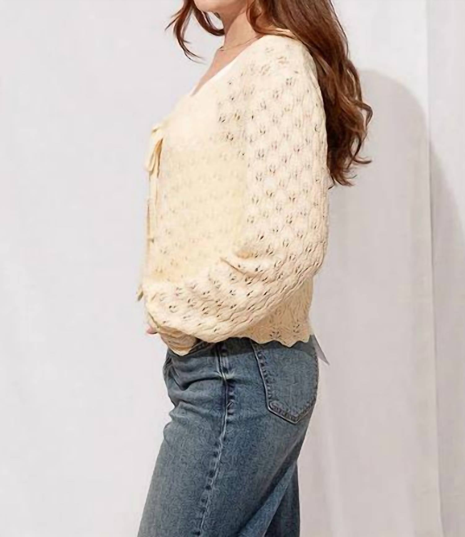 ALLIE ROSE Lydia Cardigan Sweater Top in off white - women's cardigan - detail view