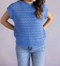 ELAN Open Knit Cap Sleeve Sweater in light blue - women's sweater - alternate view