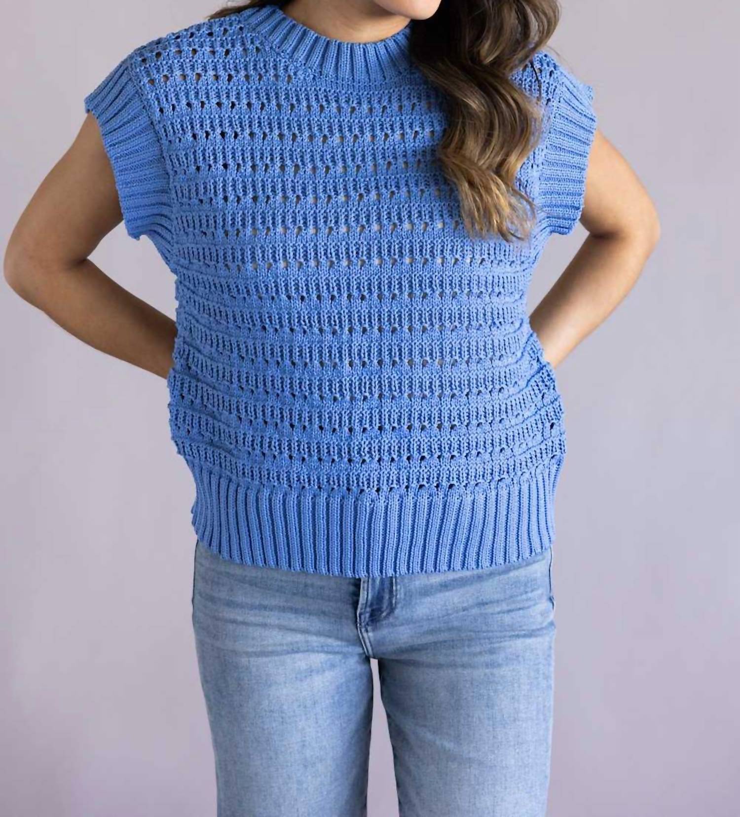 ELAN Open Knit Cap Sleeve Sweater in light blue - women's sweater - alternate view