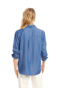 Karen Kane Ruched Three Quarter Sleeve Button-up Shirt in chambray - women's blouse - detail view