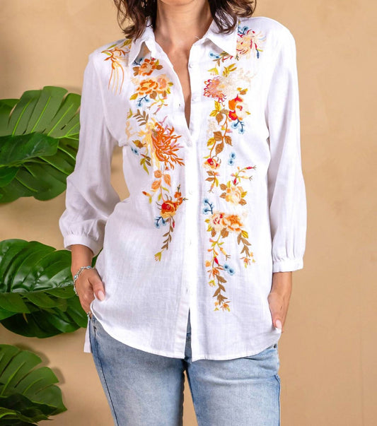 Paparazzi - Embroidered Linen 3/4 Sleeve Button Front Shirt