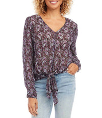 Karen Kane - Fancee Floral Metallic Crepe V-neck Tie Front Top