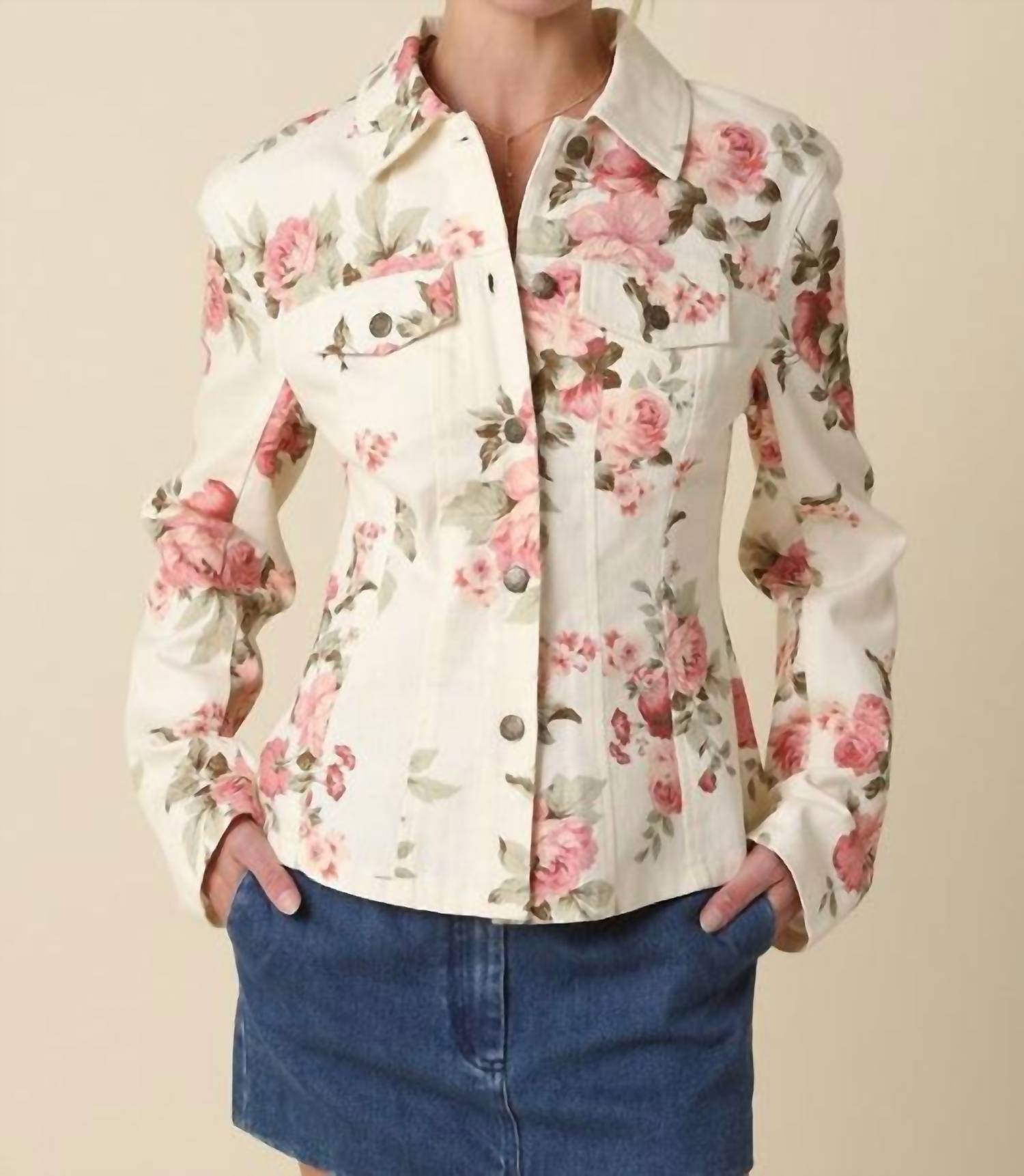 OLIVACEOUS Ciara Denim Floral Shirt Jacket in multi - women's jacket