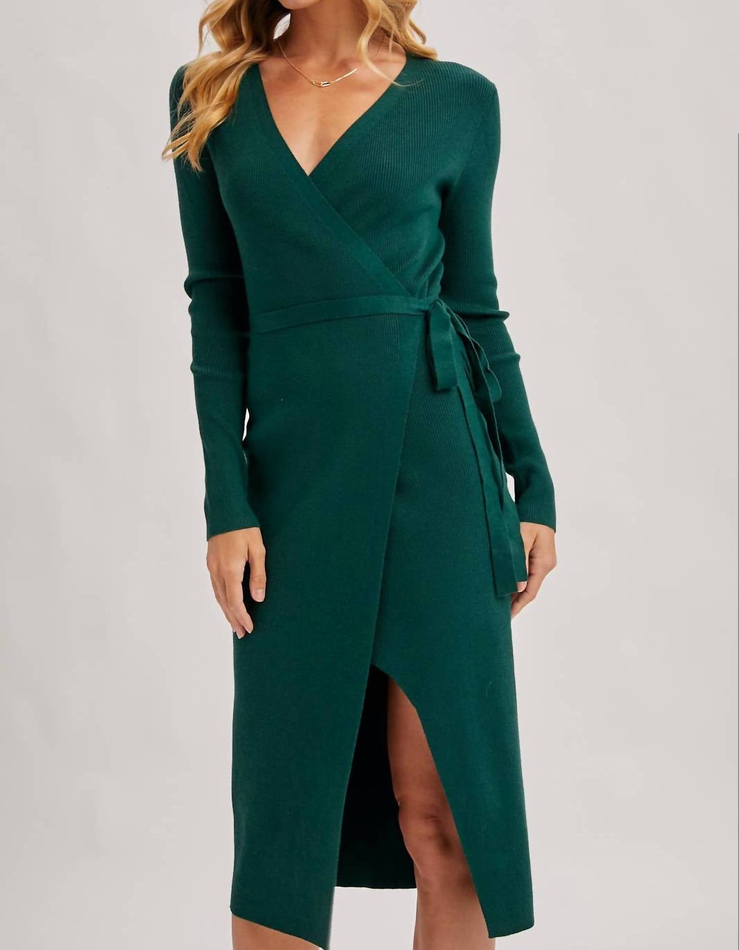 Bluivy - Ribbed Knit V-neck Wrapped Midi Dress