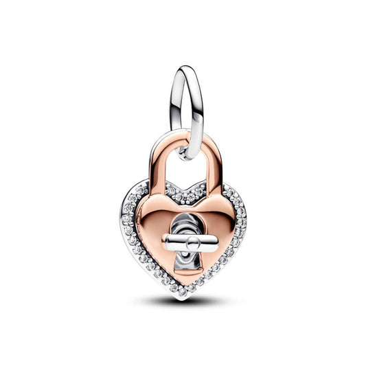 Pandora - Women's Two-tone Twistable Heart Padlock Double Dangle Charm