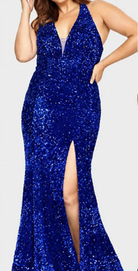 Faviana - Velvet Sequin Halter Neck Long Dress With Leg Slit