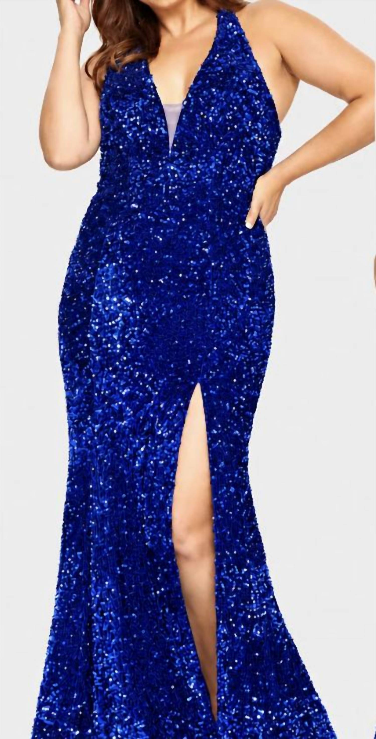 Faviana - Velvet Sequin Halter Neck Long Dress With Leg Slit