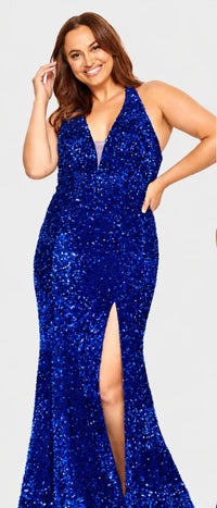 Faviana - Velvet Sequin Halter Neck Long Dress With Leg Slit