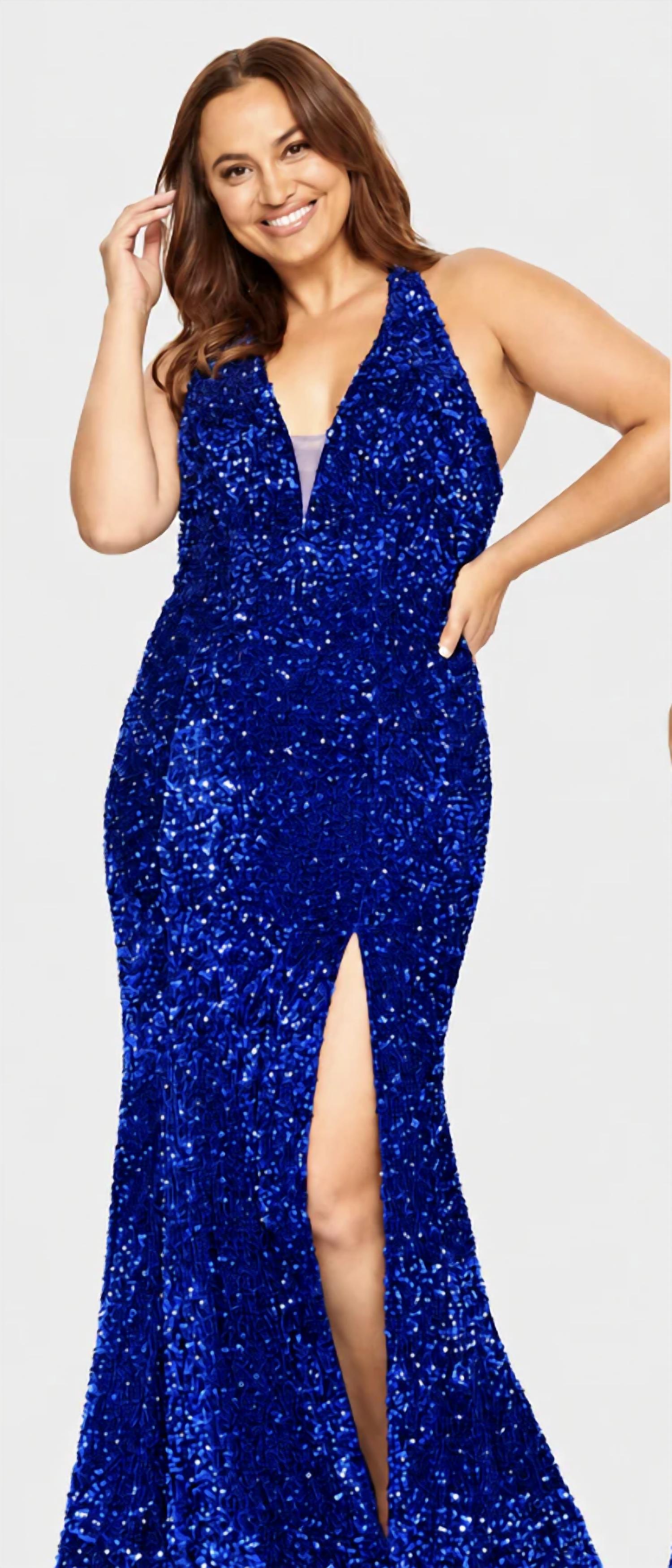 Faviana - Velvet Sequin Halter Neck Long Dress With Leg Slit