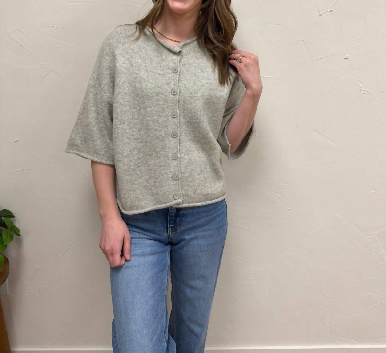 By Together Kelsey Solid Quarter Sleeve Cardigan in heather gray - women's blouse - alternate view