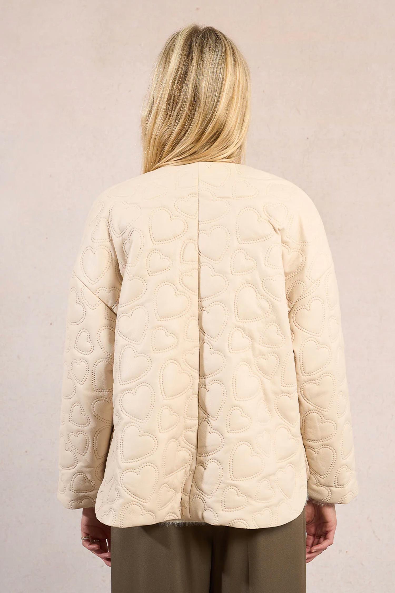 MOLLY BRACKEN Embossed Heart Quilted Jacket in off white - women's jacket - detail view