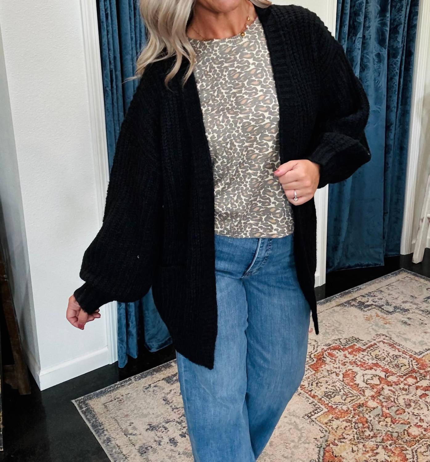 ee:some Open Front Pocket Long Sleeve Cardigan in black - women's cardigan