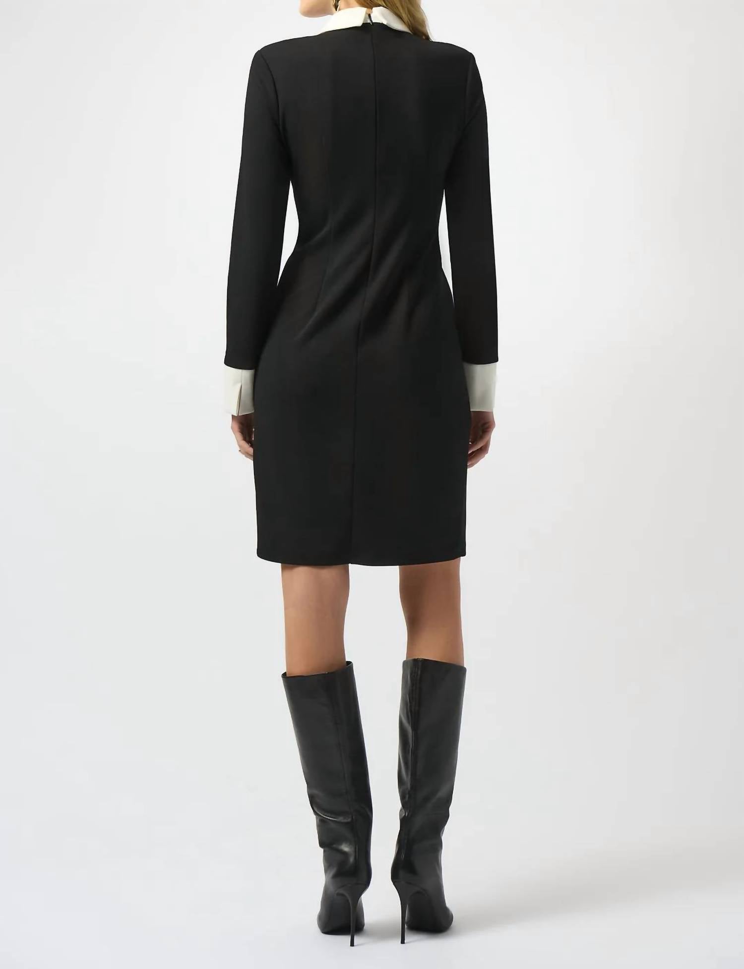 Joseph Ribkoff Colorblock Collared 3/4 Sleeves Shift Dress in black vanilla - women's dress - detail view