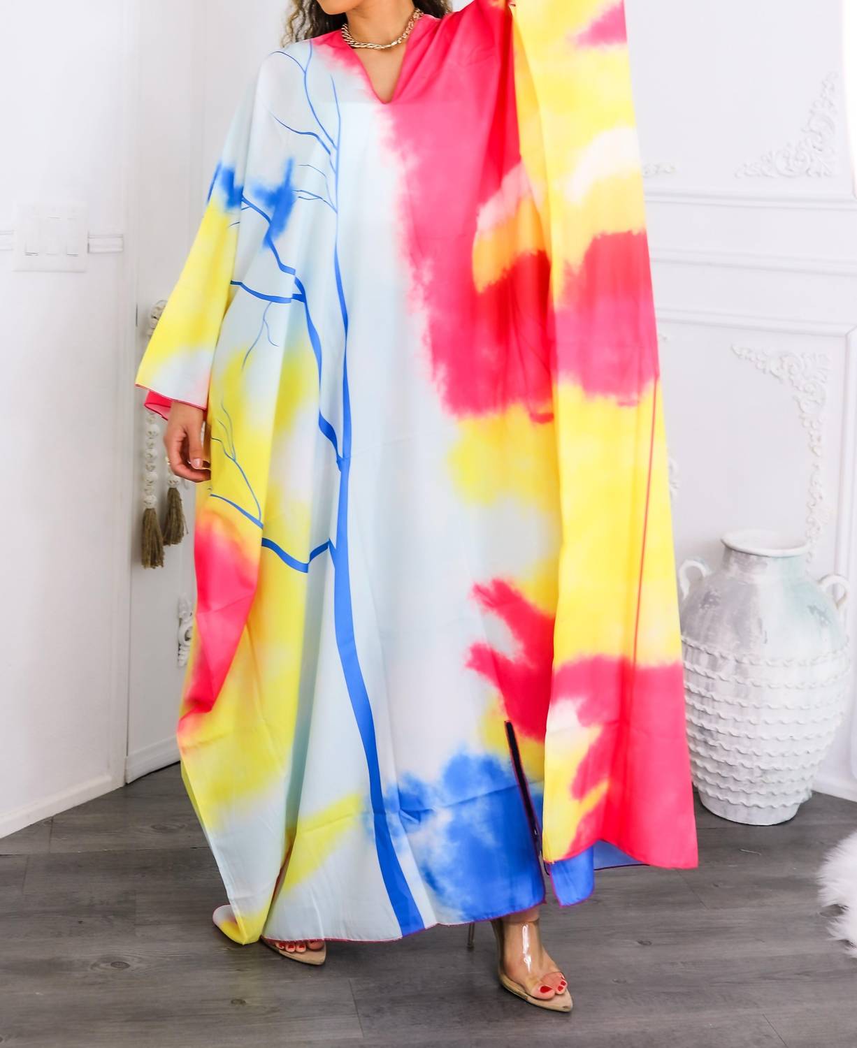 Surelymine - Colorburst Abstract Kimono Maxi Dress Flowy V-neck Style