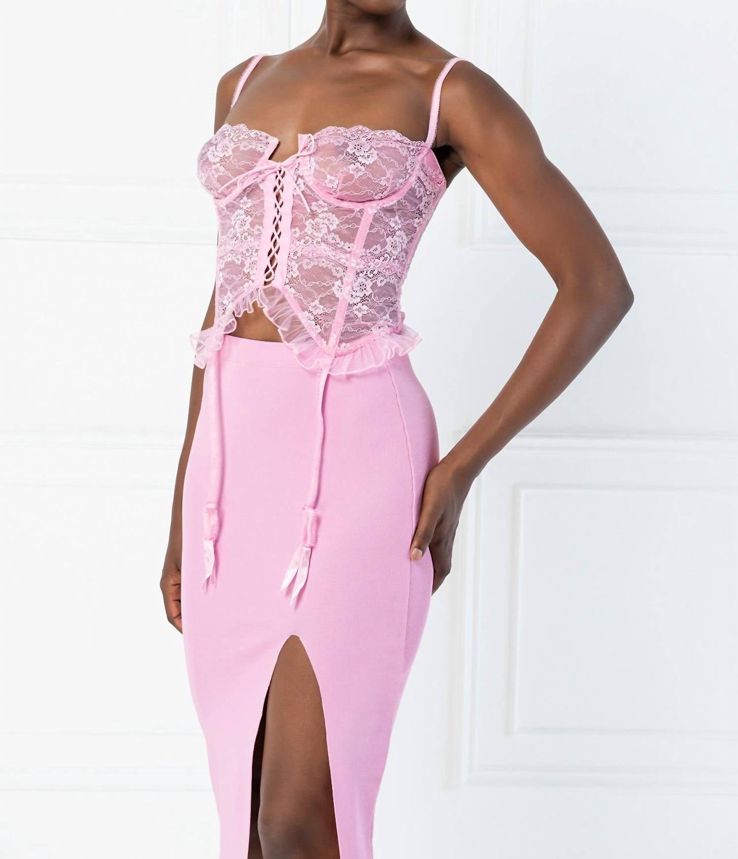 Kikiriki Alix Demi Ruffle Trim Lace Up Bustier Corset Top in pink - women's shirt - alternate view