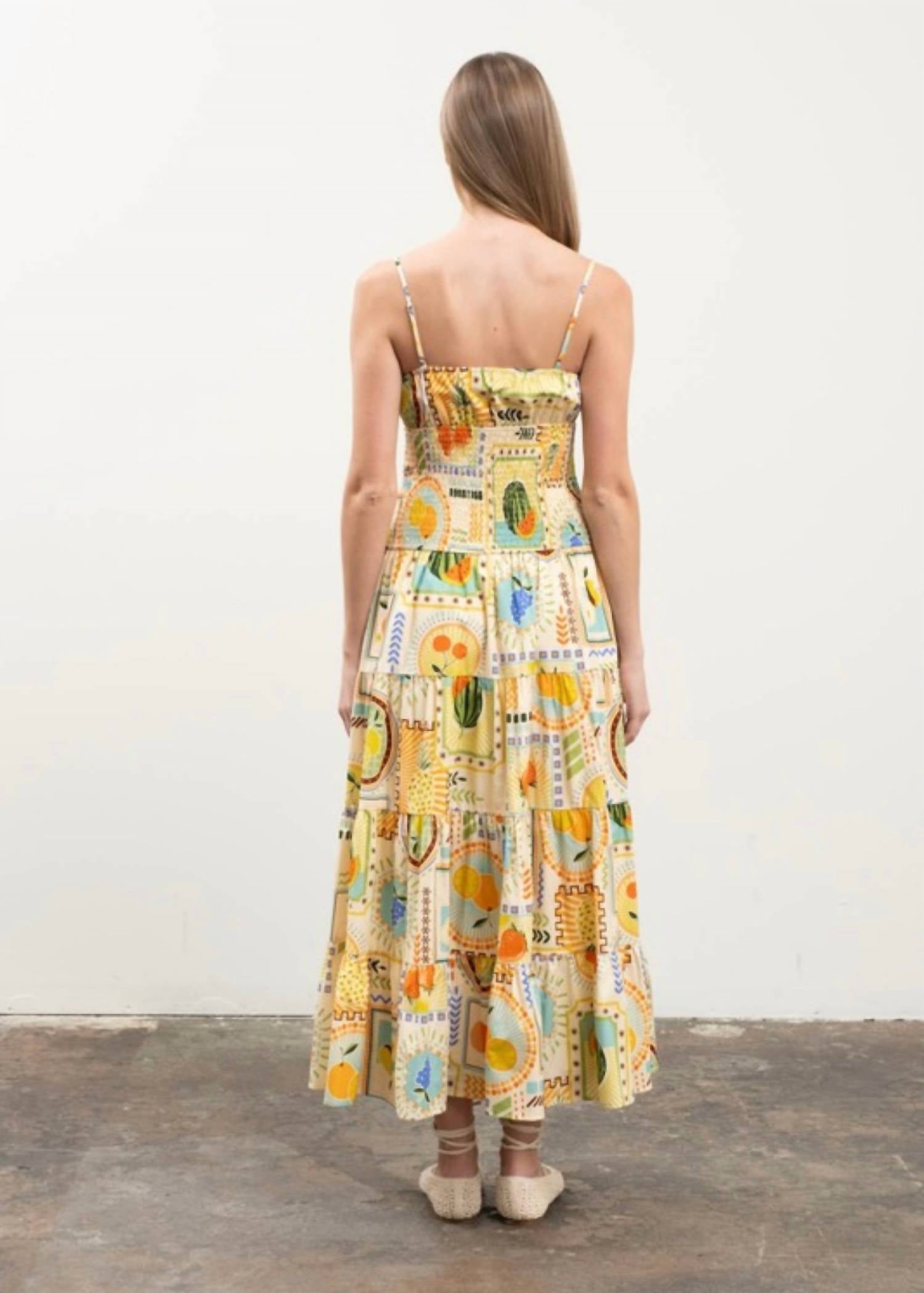 MOON RIVER Fruit Tile Print Spaghetti Strap Midi Dress in orange multi - women's dress - detail view