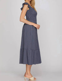 She + Sky - Ruffle Strap Check Smocked Midi Dress