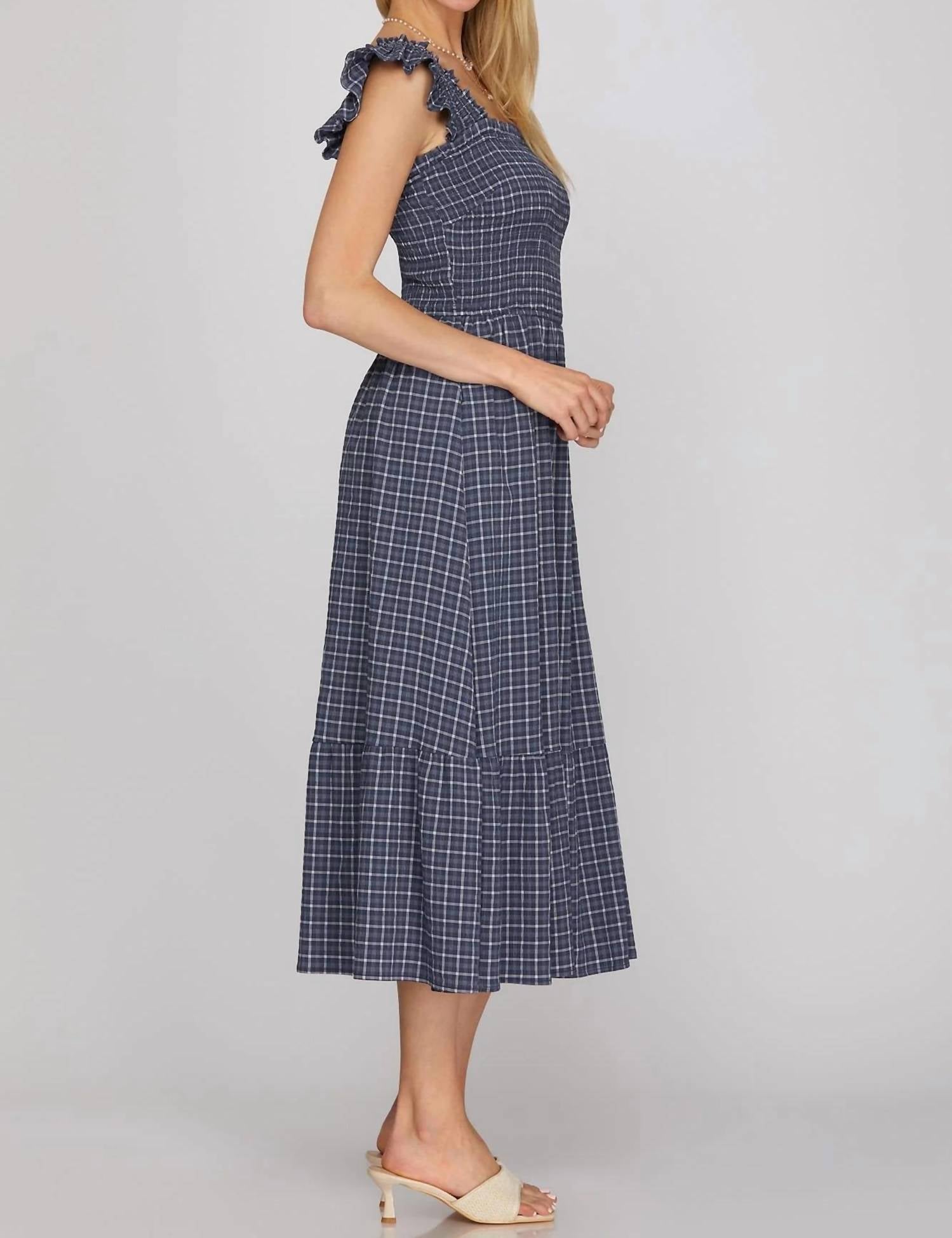 She + Sky - Ruffle Strap Check Smocked Midi Dress