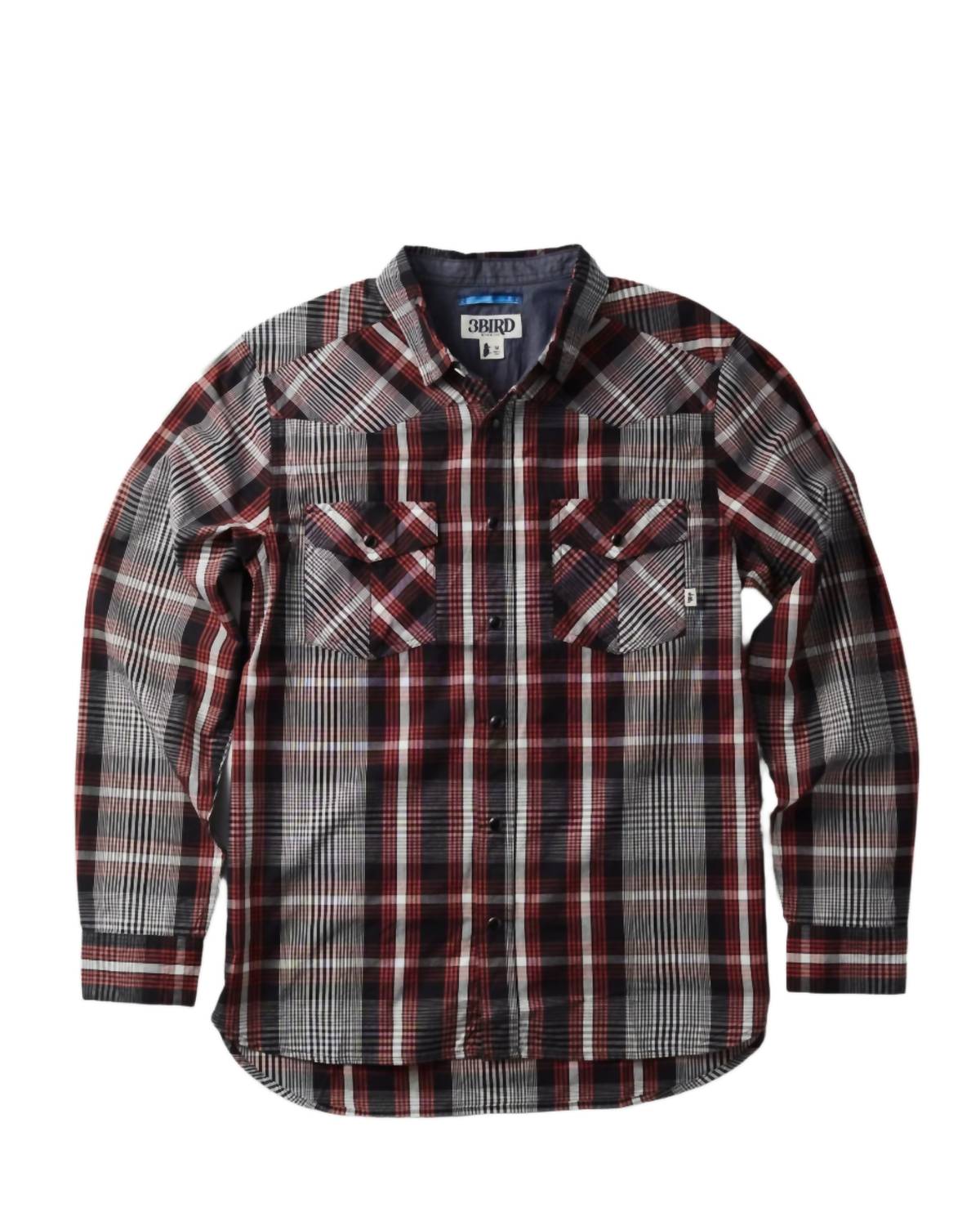 3BIRD Men's Ranchester Long Sleeve Shirt in black horizon plaid - men's shirt