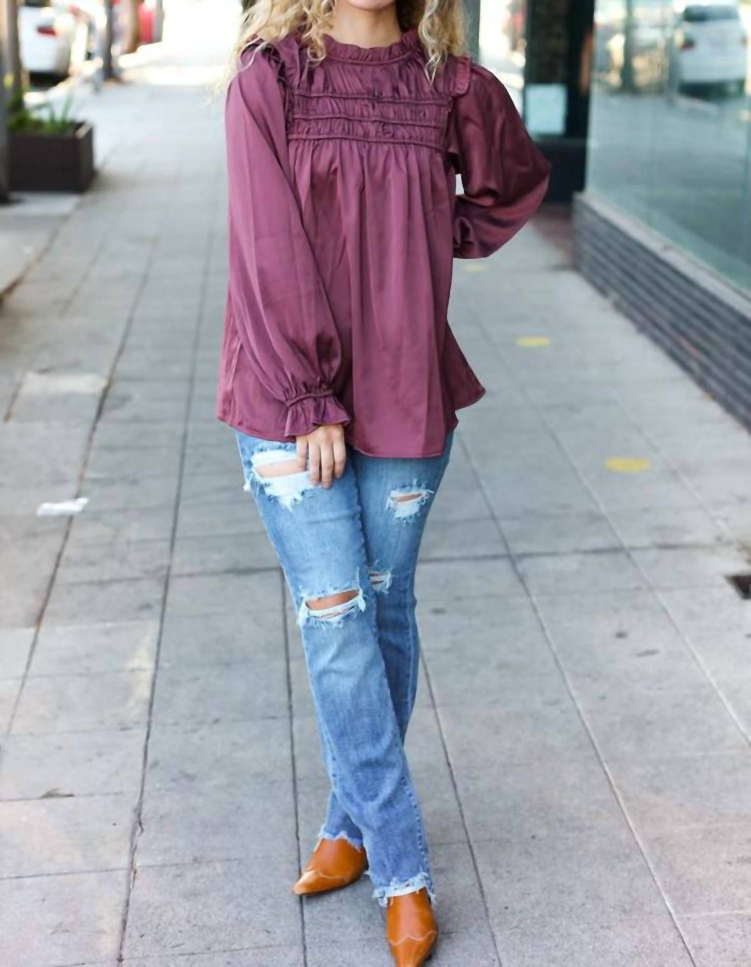 Haptics - Mock Neck Satin Long Sleeve Blouse