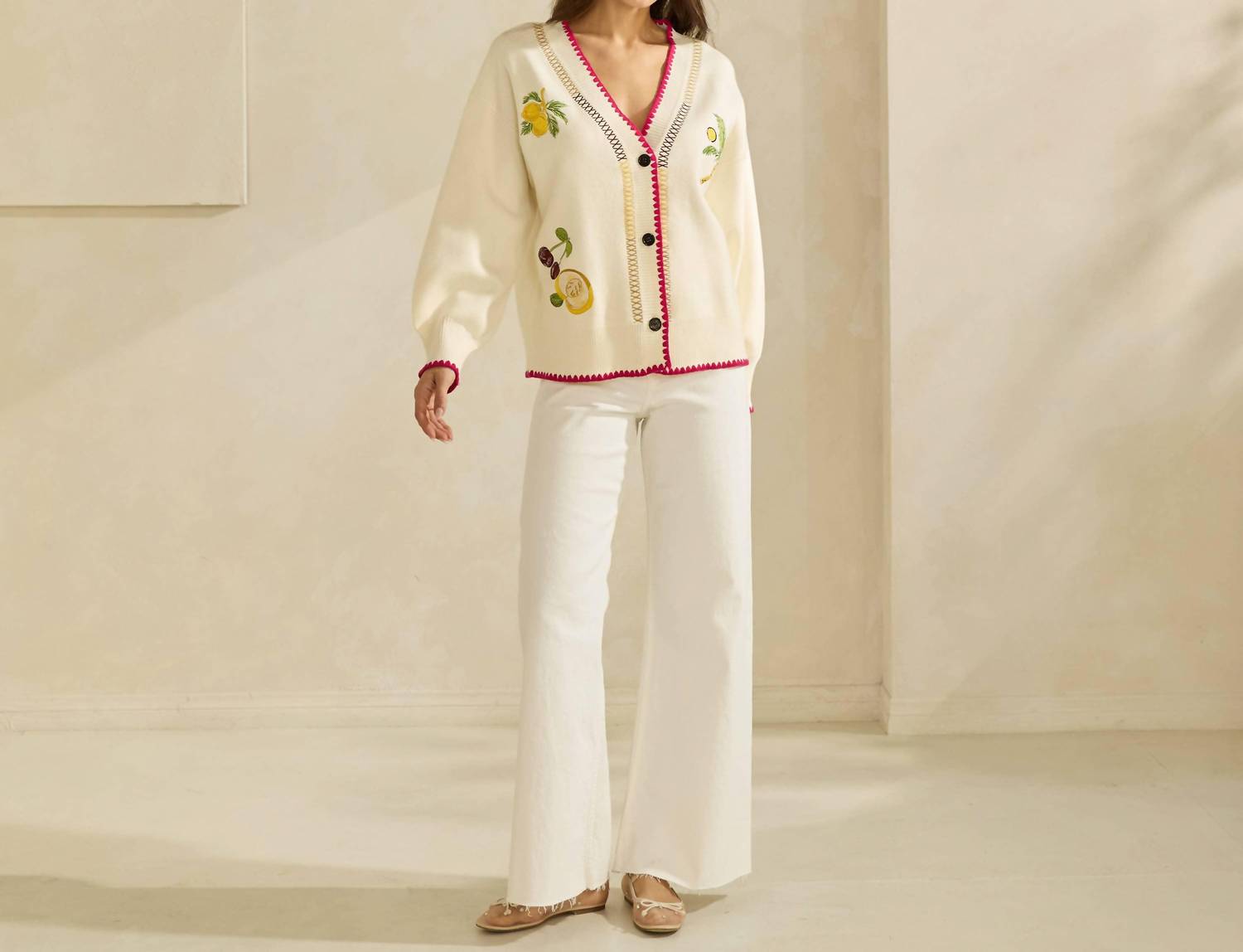 ABLE Embroidered V-neck Cardigan in cream red - women's cardigan - view 5