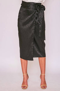 Vine & Love Jacquard Leopard Print Wrap Midi Skirt in black - women's skirt - detail view