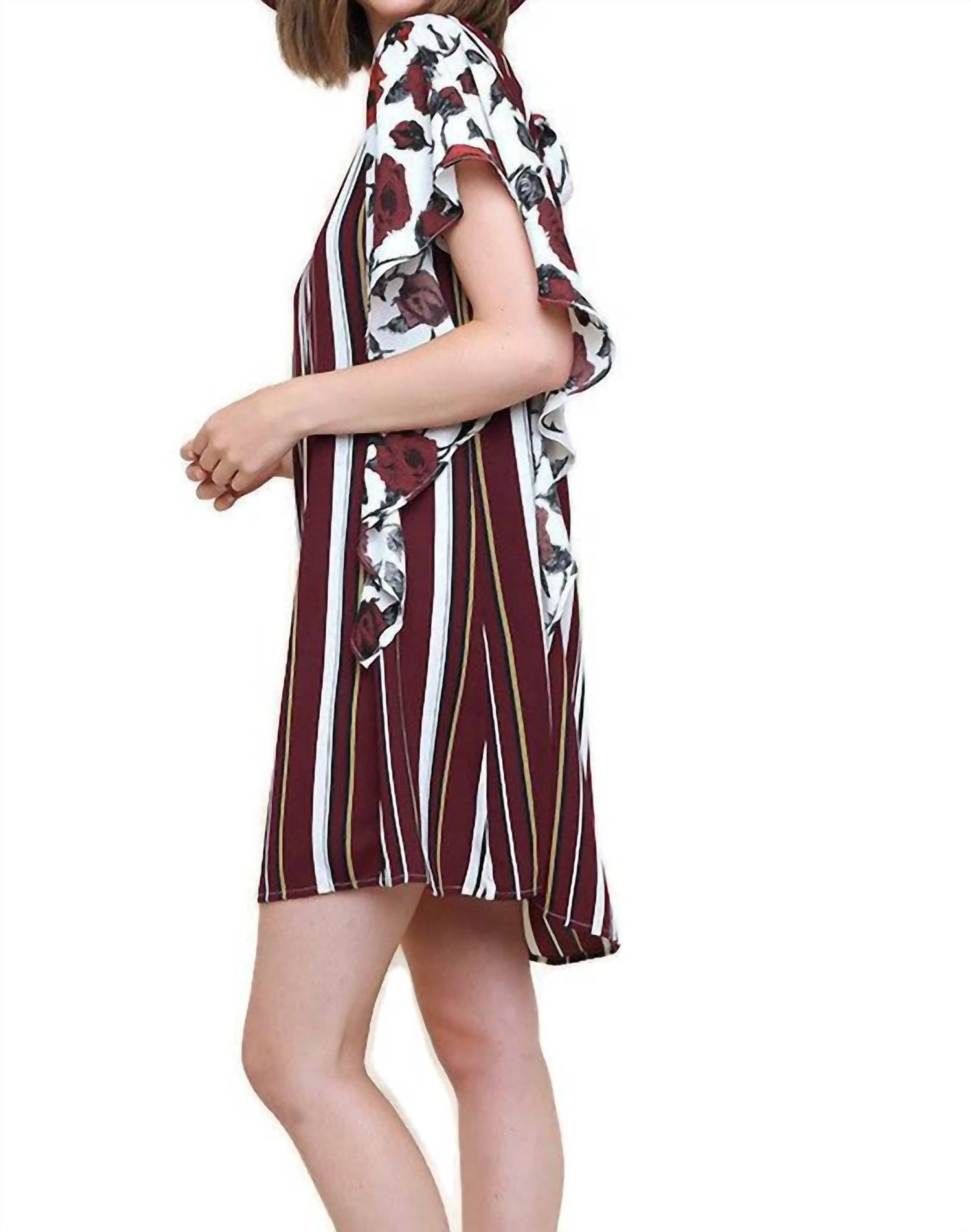Umgee - Striped & Floral Ruffle Sleeve Dress