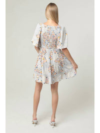 ANGIE Smocked Bodice V Neck Lace Trim Short Sleeve Dress in blue multi - women's dress - alternate view
