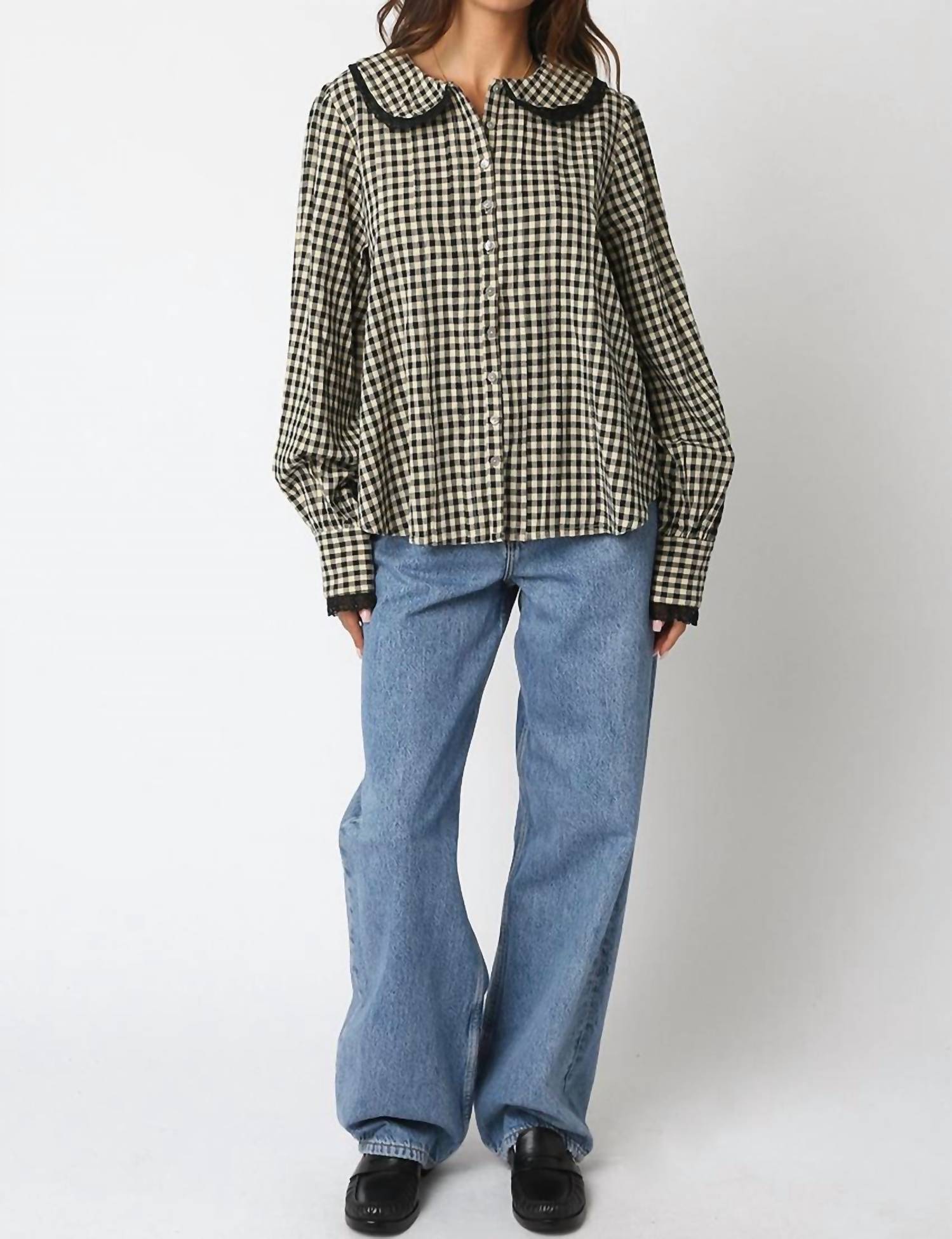 OLIVACEOUS Lace Trimmed Gingham Button Down Shirt in black - women's blouse - view 4