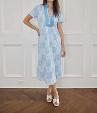 SAIL to SABLE Short Sleeve Maxi Tunics Dress in blue dot matrix - women's dress