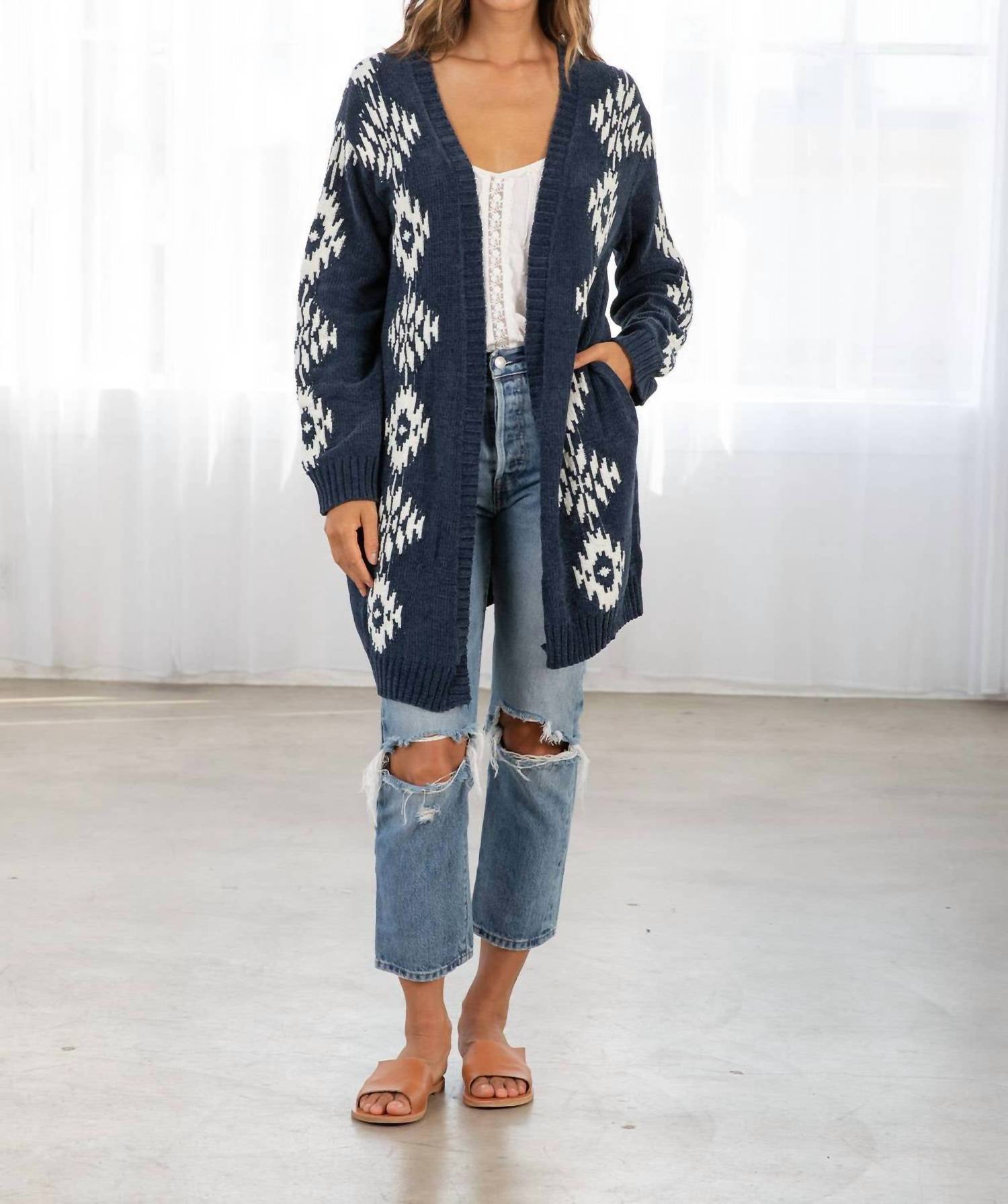 LOVESTITCH Beautiful Southwestern Open Front Cardigan in indigo off white - women's cardigan - view 7