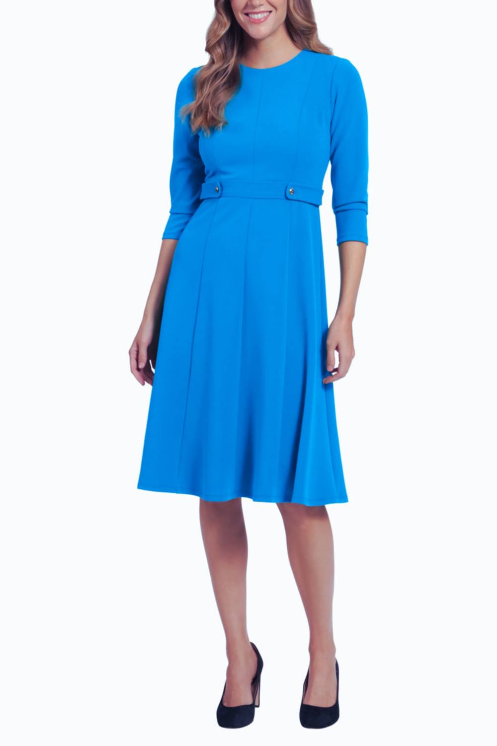 London Times - 3/4 Sleeve Button-Waist A-Line Dress
