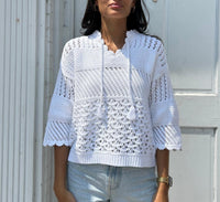 REPEAT cashmere Crochet V Neck Top in white - women's blouse