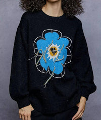 POL Floral Pattern Stiched Sweater in black - women's sweater - detail view