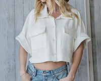 BUCKETLIST Textured Cropped Shacket in off white - women's shirt