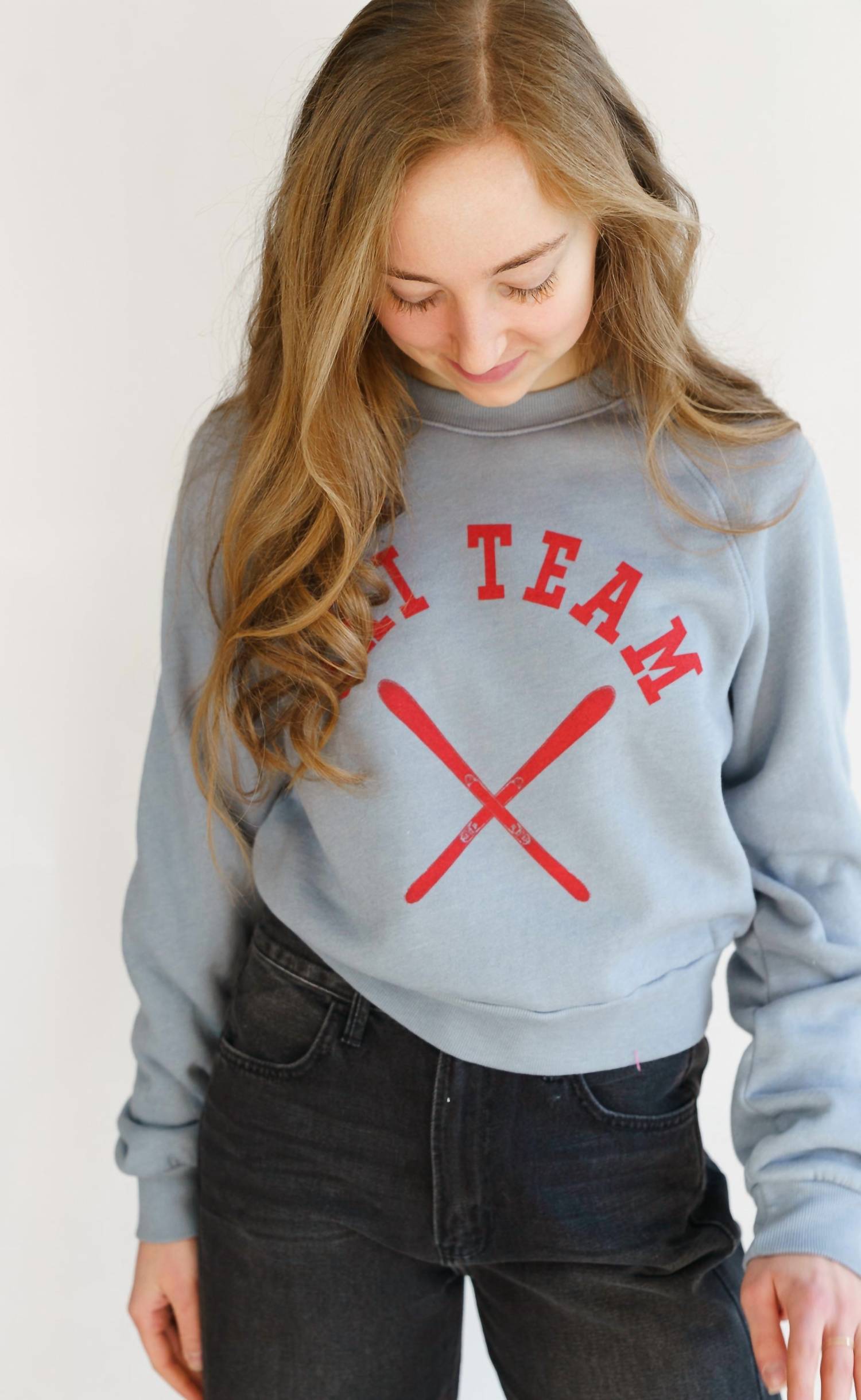 PROJECT SOCIAL T Apres Ski Team Shrunken Sweatshirt Top in dusty blue - women's top - alternate view