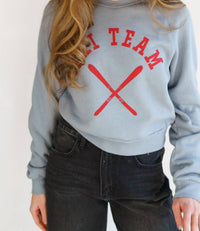 PROJECT SOCIAL T Apres Ski Team Shrunken Sweatshirt Top in dusty blue - women's top - detail view