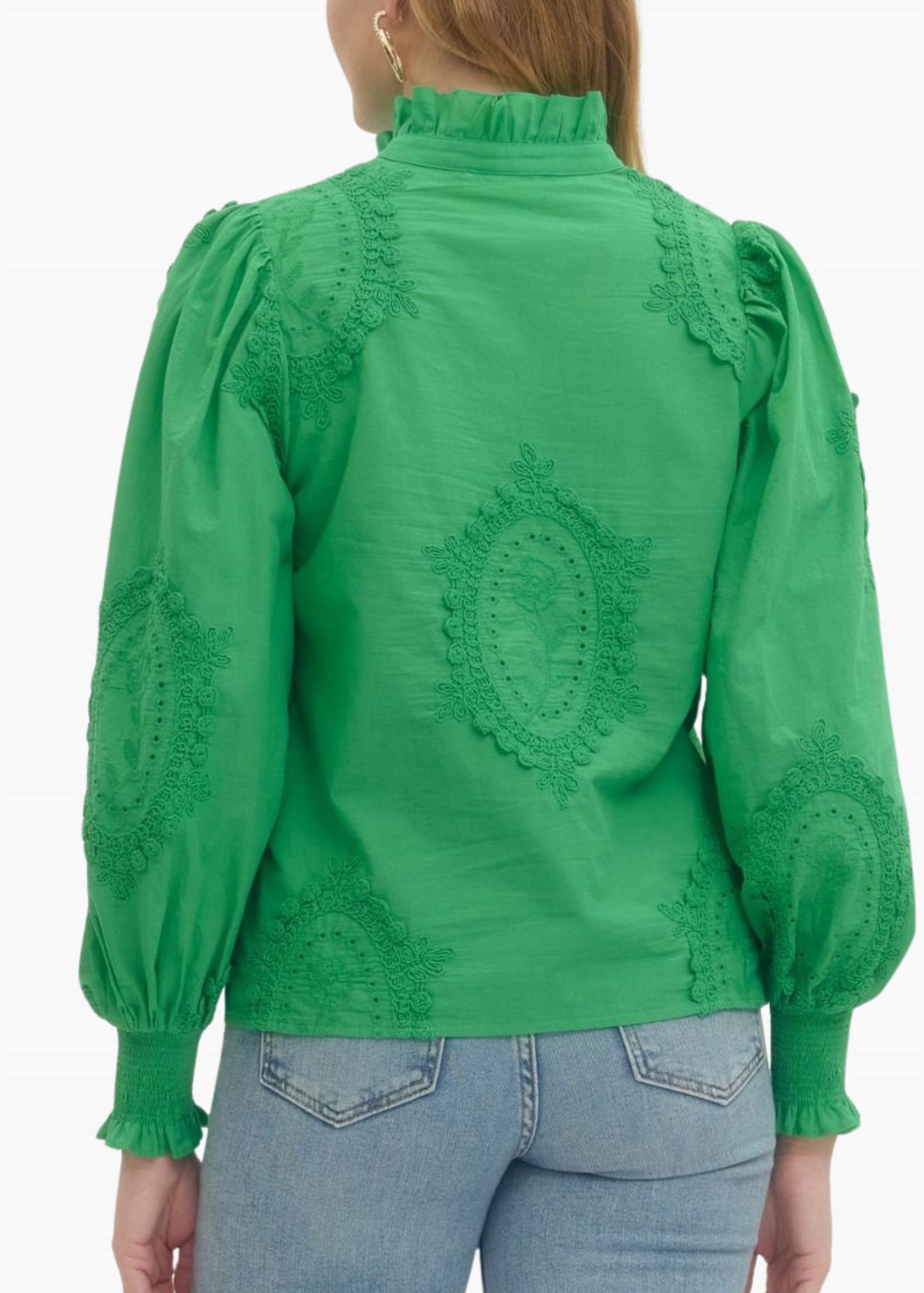entro Susie Embroidered Top in green - women's long sleeve top - detail view