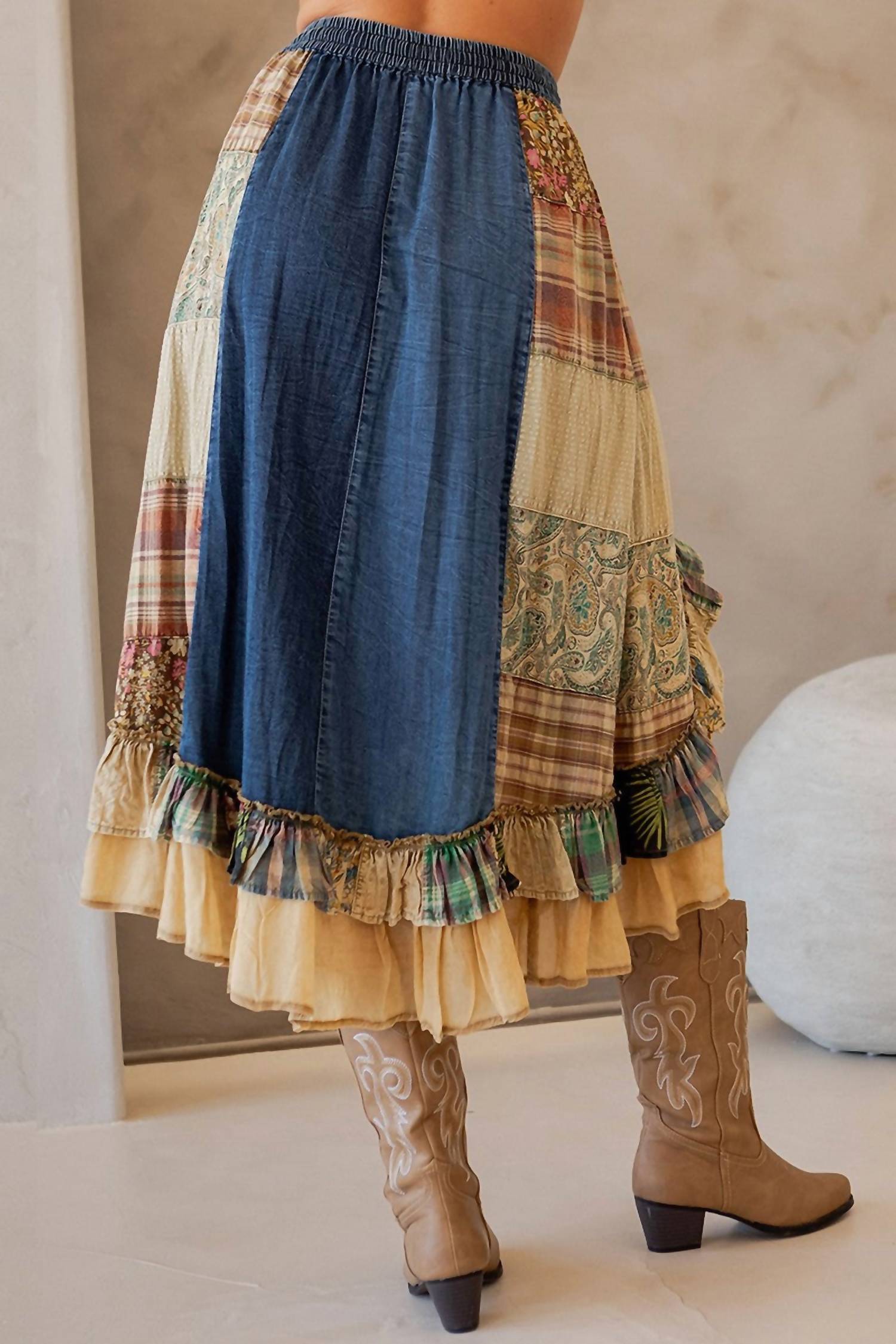 Young Threads - Vintage Boho Patch Ruffled Midi Skirt