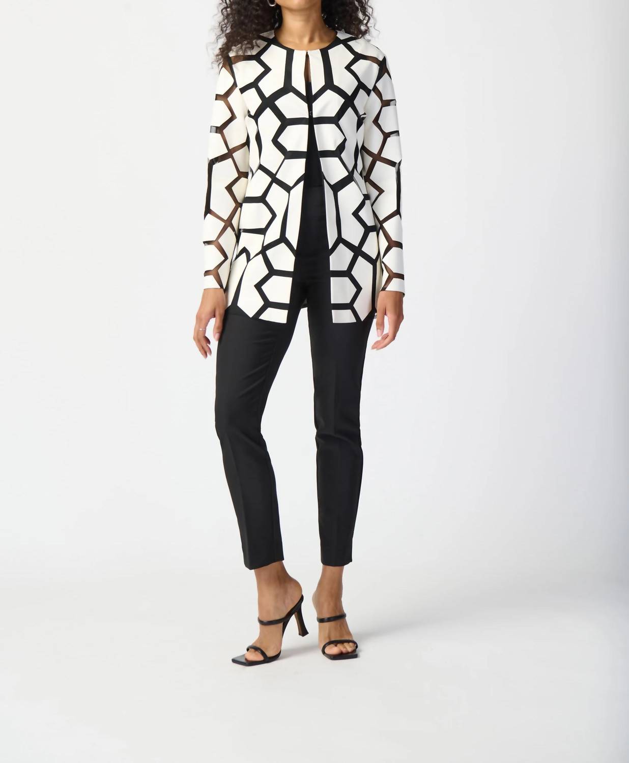 Joseph Ribkoff - Faux Leather Geometric Laser Cutout Long Sleeve Jacket