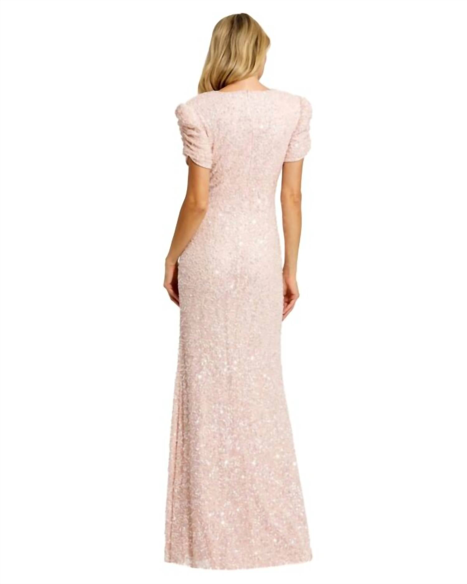 MAC DUGGAL Puff Sleeve Beaded Dress in blush - women's dress - detail view