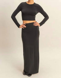 Double Zero - 2 Piece Long Sleeve Crop Top & High Slit Maxi Skirt Set
