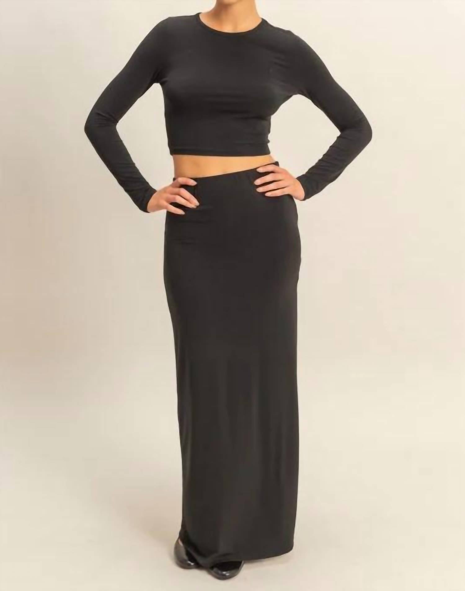 Double Zero - 2 Piece Long Sleeve Crop Top & High Slit Maxi Skirt Set